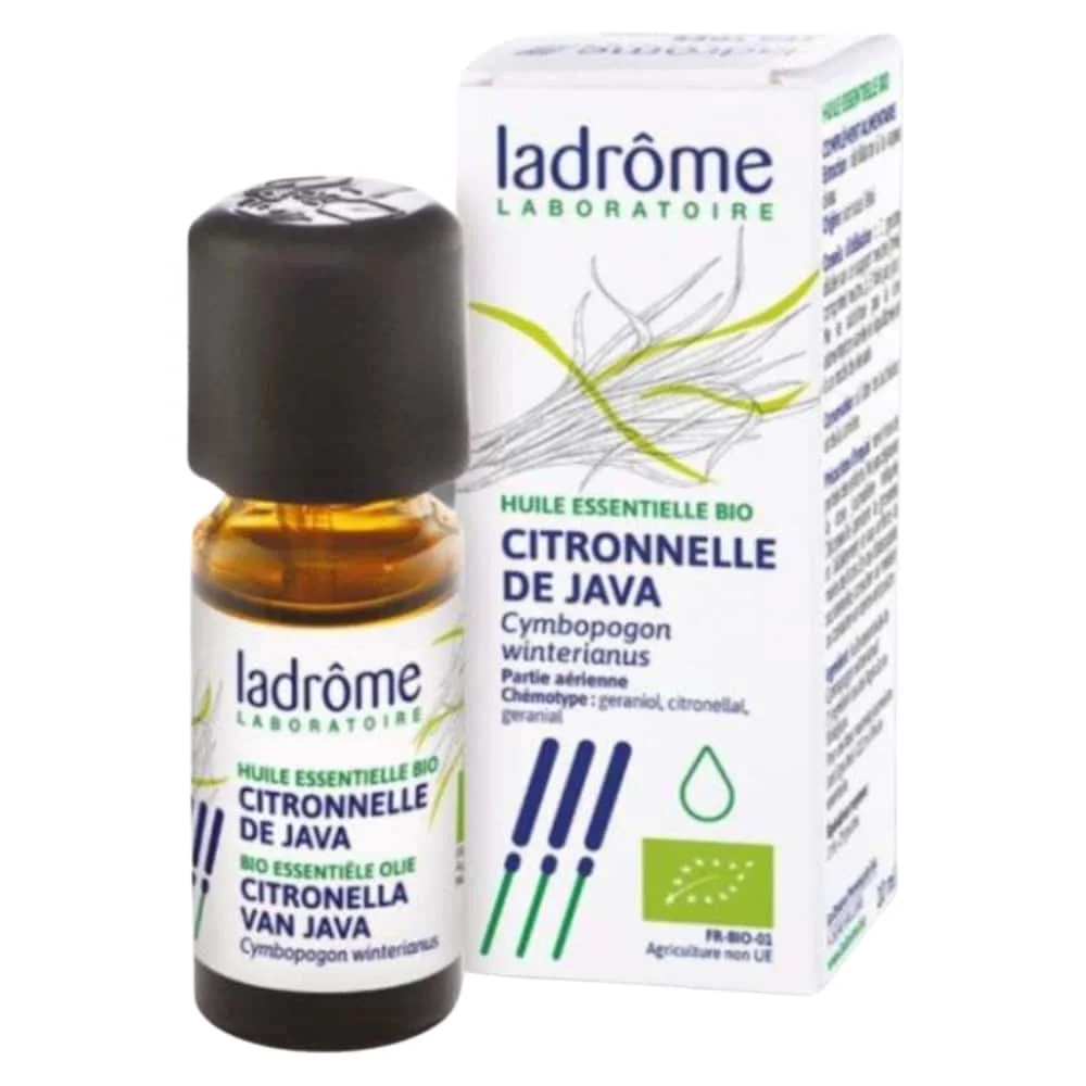 ladrome-huile-essentielle-citronnelle-de-java-10ml.jpg Flacon ambré Ladrôme Huile Essentielle Bio Citronnelle de Java et étui vert
