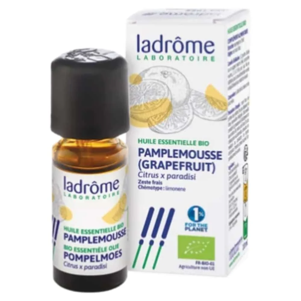 ladrome-huile-essentielle-pamplemousse-10ml.jpg Flacon ambré Ladrôme Huile Essentielle Bio Pamplemousse et étui illustré d'agrumes jaunes