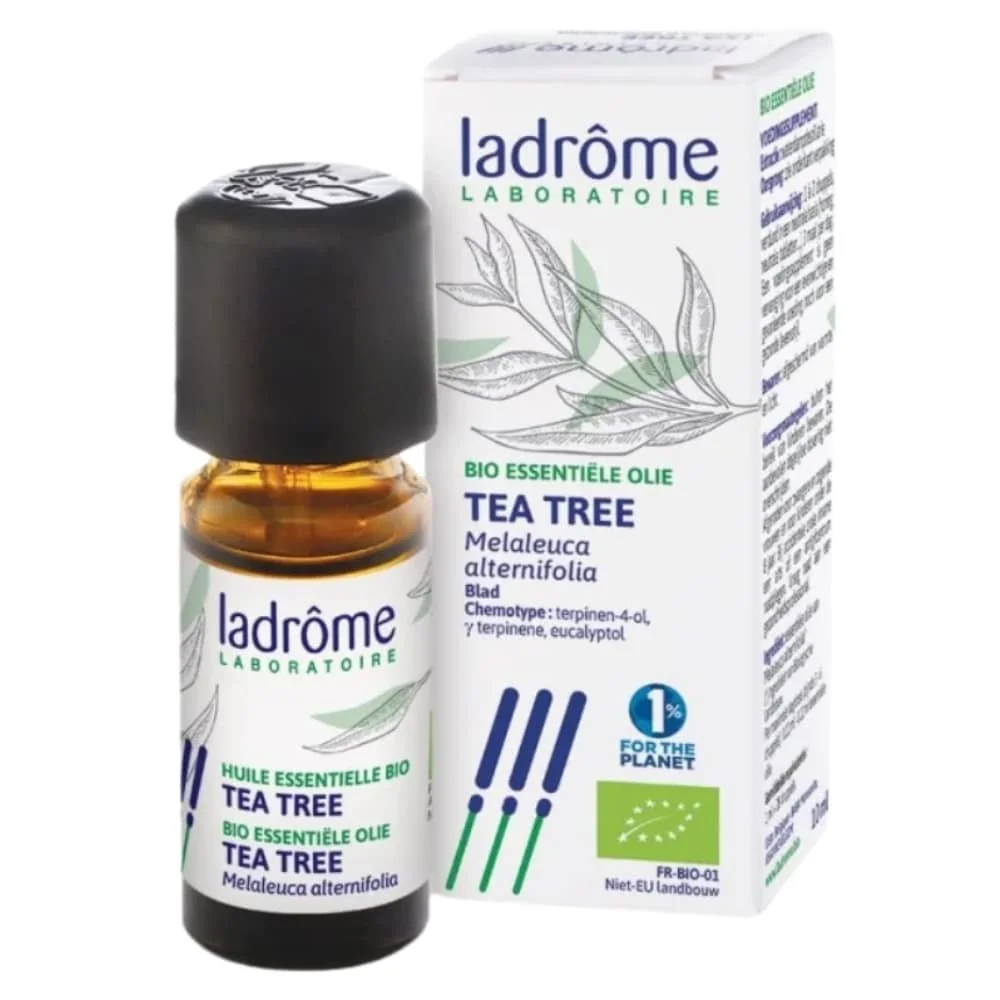 ladrome-huile-essentielle-tea-tree-10ml.jpg Flacon ambré et étui blanc Ladrôme Huile Essentielle Bio Tea Tree