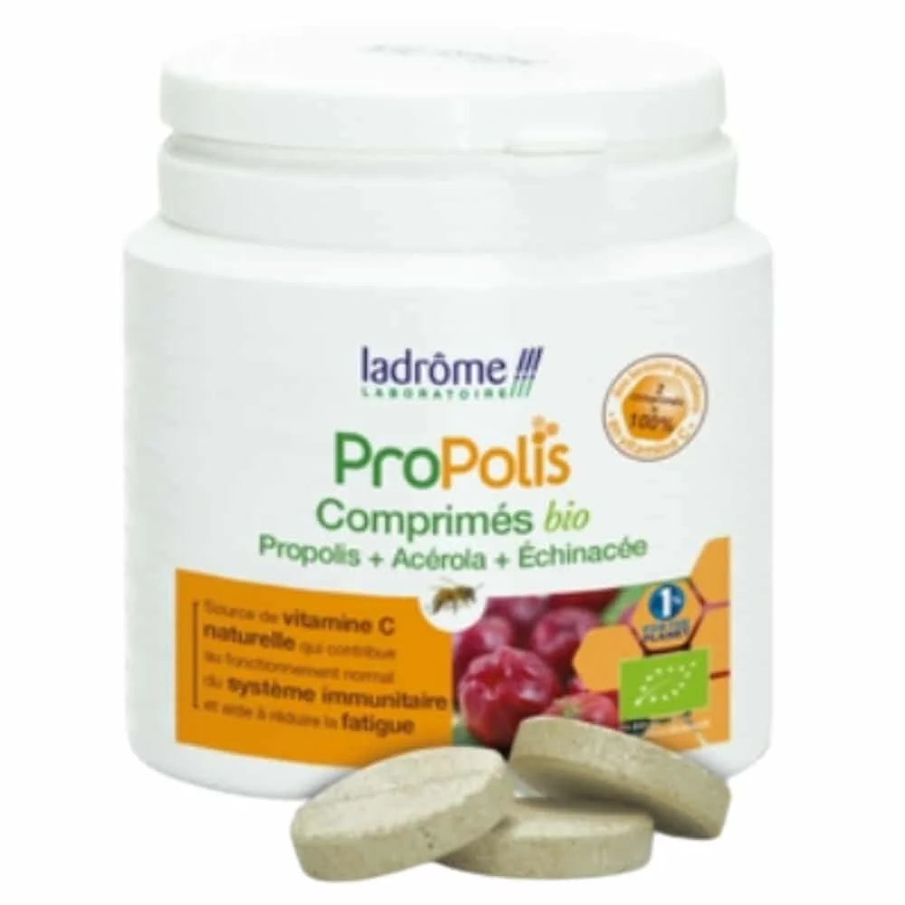 ladrome-propolis-acerola-et-echinacee-bio-20-comprimes.jpg Pot blanc Ladrôme ProPolis Comprimés Bio avec comprimés ovales devant