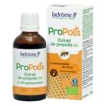 Flacon compte-gouttes ambré Ladrôme Extrait de Propolis Bio à côté de l'étui