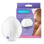 Coussinet d'allaitement lavable blanc Lansinoh devant sa boîte violette et son sac