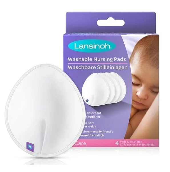 Coussinet d'allaitement lavable blanc Lansinoh devant sa boîte violette et son sac