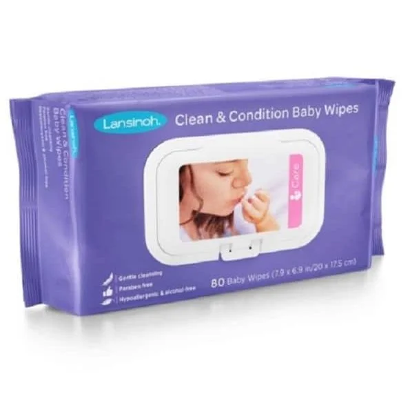Paquet violet de lingettes Lansinoh pour bébé avec photo d'un enfant