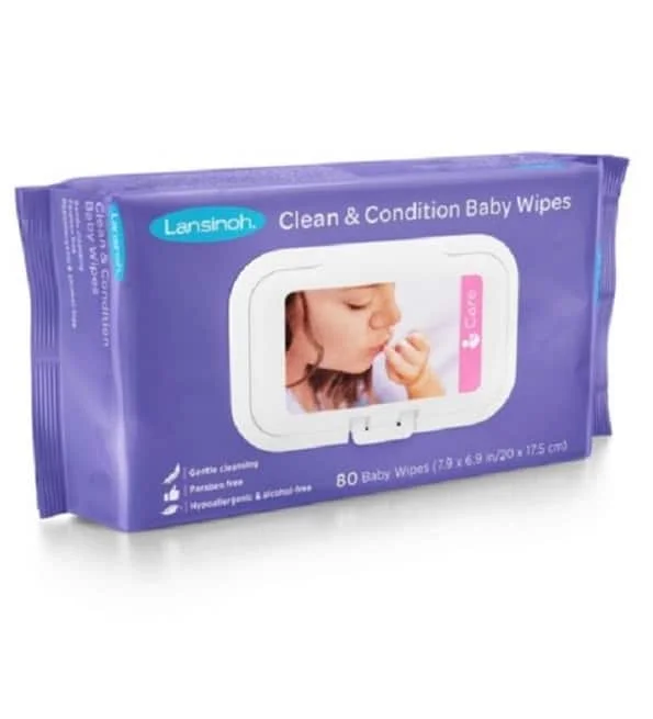 lansinoh-lingettes-nettoyantes-bebes-a-la-lanoline-80u.jpg Paquet violet de lingettes Lansinoh pour bébé avec photo d'un enfant