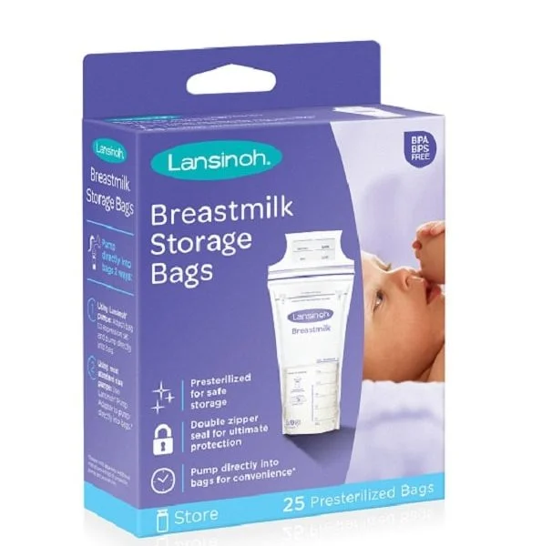 Boîte et sachet Lansinoh de conservation du lait maternel avec photo de bébé