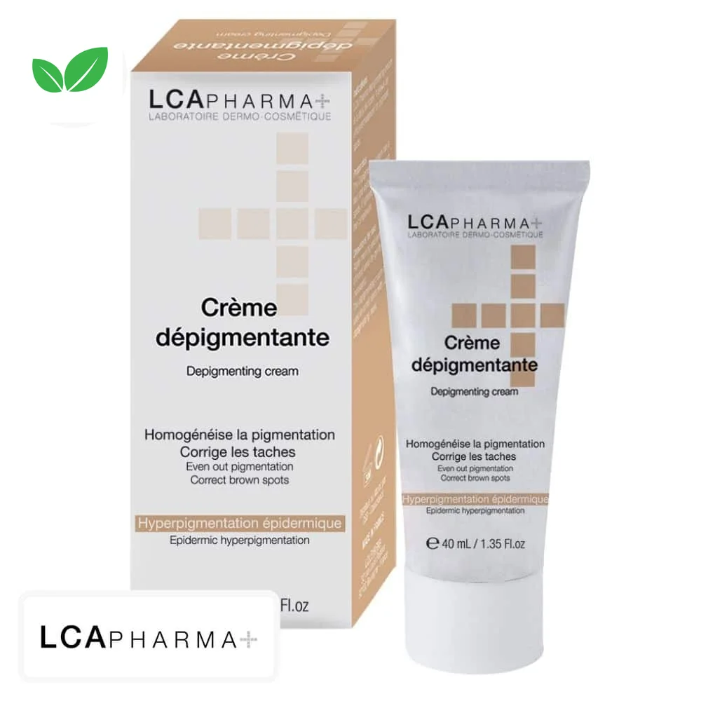 lcapharma-creme-depigmentante-corrige-les-taches-40ml.jpg Tube et boîte LCA Pharma+ crème dépigmentante pour taches pigmentaires du visage