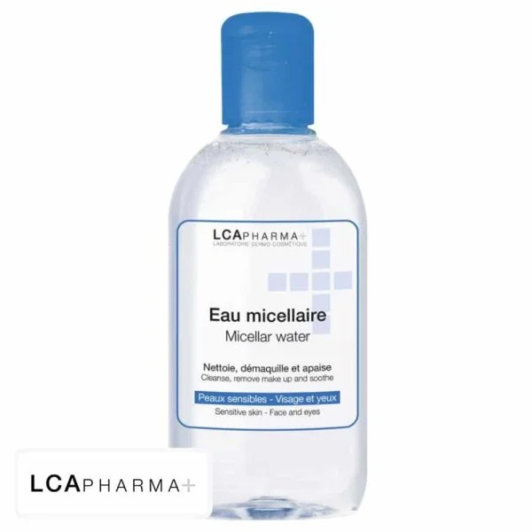 Flacon bleu LCA Pharma+ d'eau micellaire démaquillante pour visage et yeux