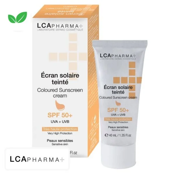 Tube et boîte LCA Pharma+ écran solaire teinté SPF50+ pour peau sensible