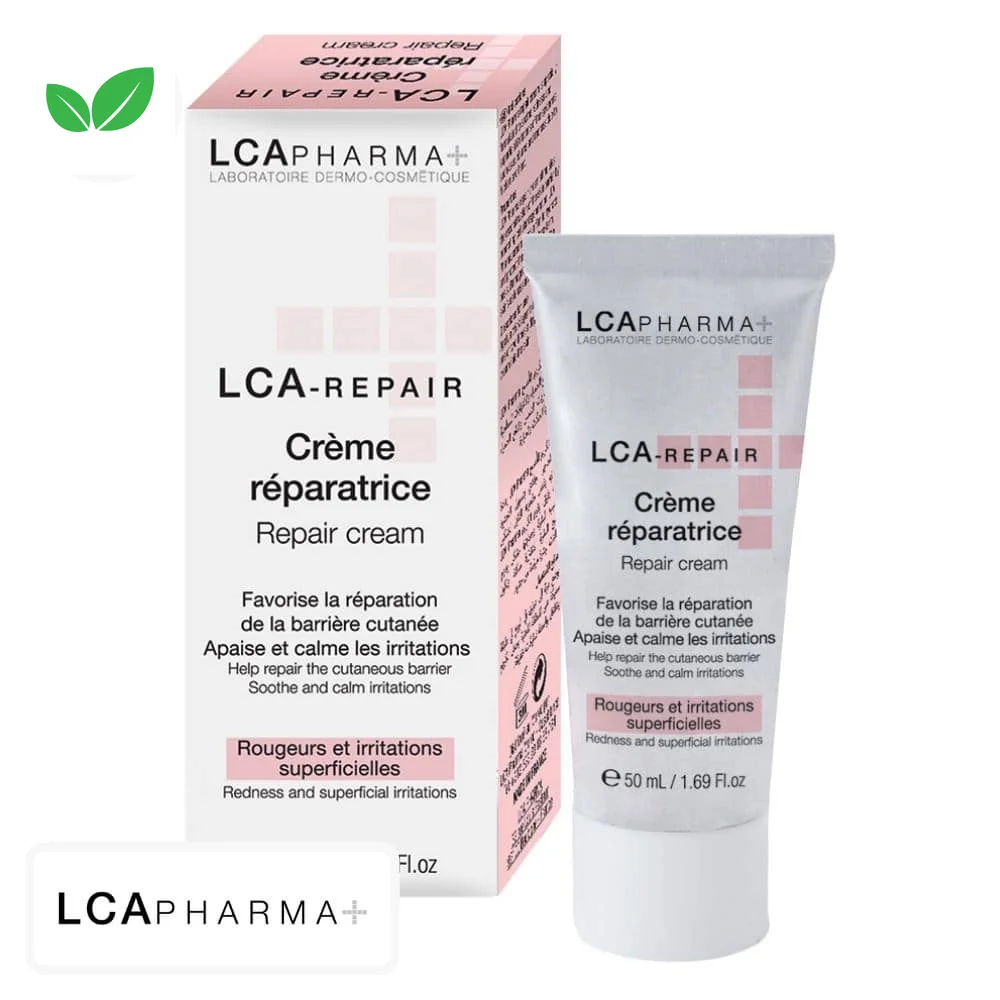 lcapharma-lca-repair-creme-reparatrice-50ml.jpg Tube et boîte rose Lcapharma+ LCA-Repair crème réparatrice 50 ml