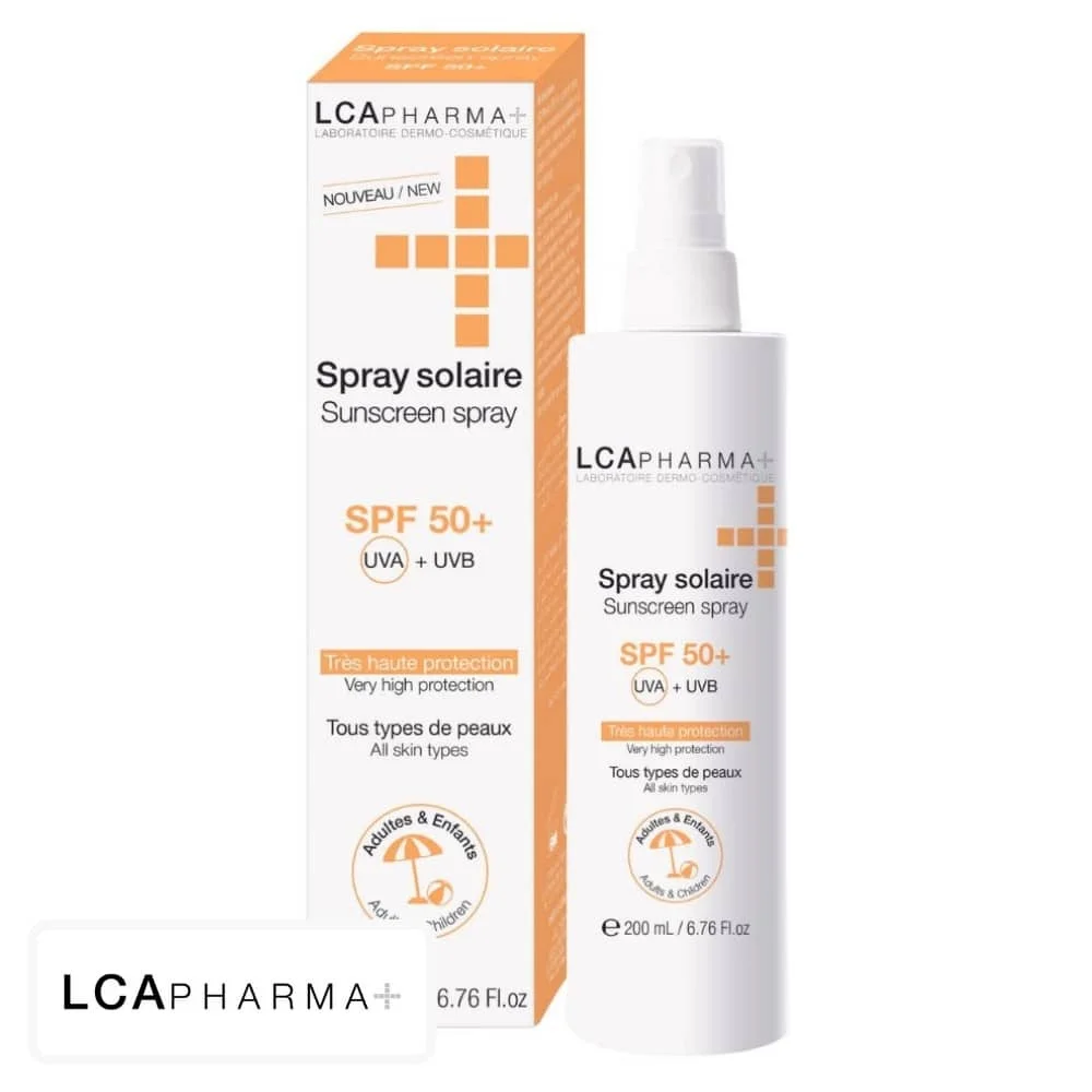lcapharma-spray-solaire-spf50-200ml.jpg Flacon et boîte LCA Pharma+ spray solaire SPF50+ pour adultes et enfants