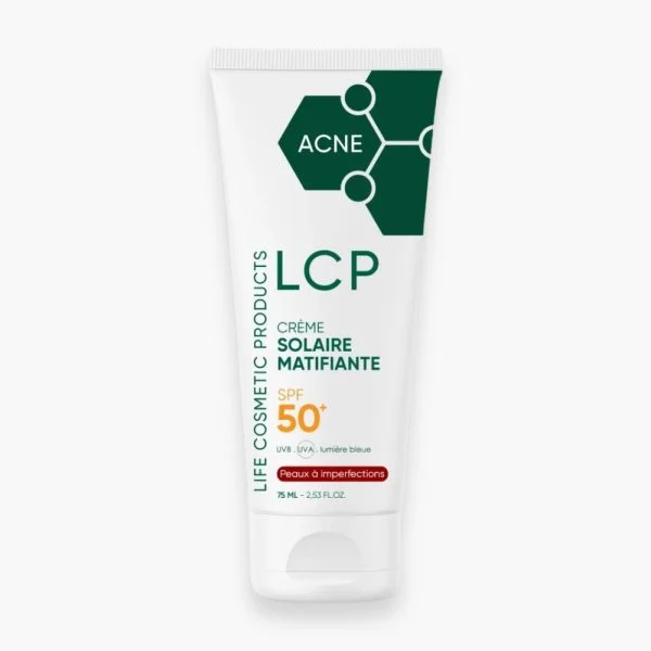 Tube blanc et vert LCP Acné crème solaire matifiante SPF50+ 75 ml