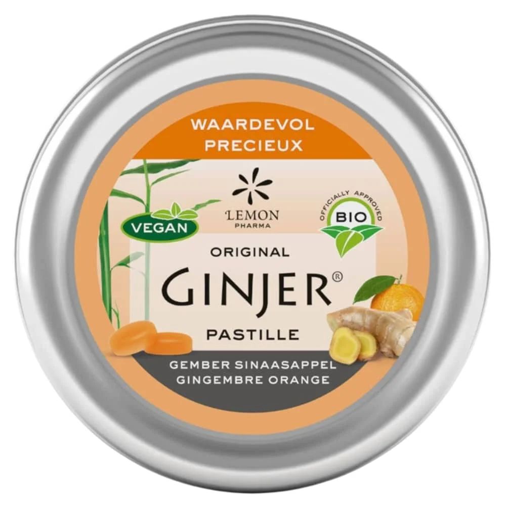 lemon-pharma-ginjer-pastilles-gout-gingembre-et-orange-40g.jpg Boîte métallique ronde de pastilles Ginjer gingembre orange Lemon Pharma vue de dessus