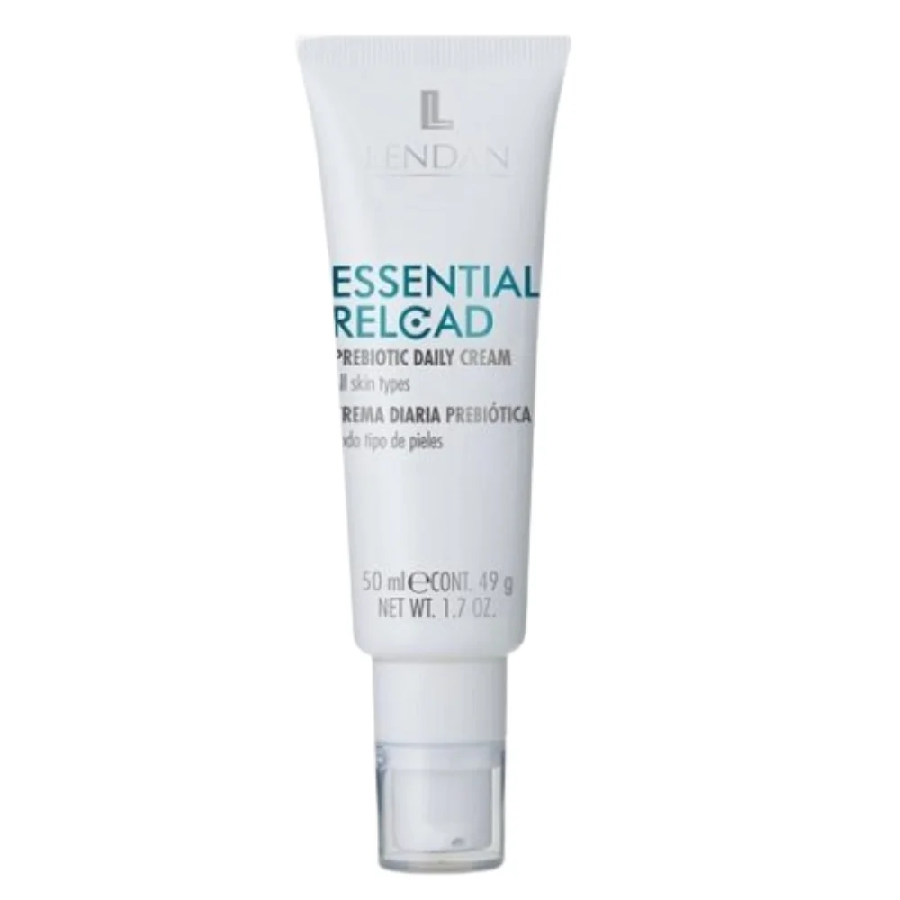 lendan-essential-reload-creme-quotidienne-prebiotique-spf15-50ml.jpg Tube blanc de crème quotidienne prébiotique Essential Reload Lendan avec bouchon transparent