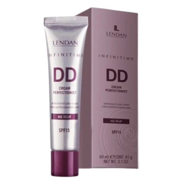 Tube et étui mauve de DD crème perfectrice SPF15 Infinitime Lendan Age Delay