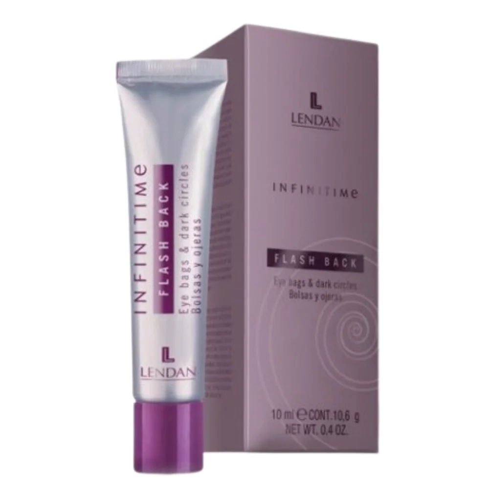 lendan-infinitime-flash-back-serum-anti-poches-et-anti-cernes-10ml.jpg Tube argenté et étui mauve du soin Flash Back Infinitime Lendan, contour des yeux