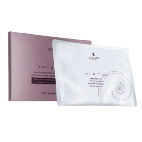 Sachet et étui mauve du masque tissu redensifiant Infinitime Lendan aux bêta-endorphines