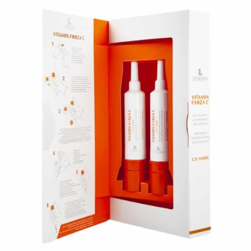 lendan-vitamin-forza-c21-forte-preparation-revitalisante-2x10ml.jpg Coffret ouvert avec deux flacons C21 Forte Vitamin Forza Lendan et notice illustrée