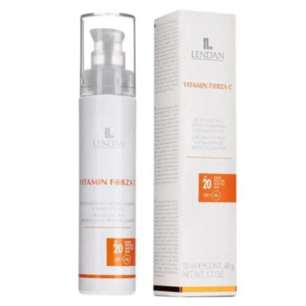 Flacon pompe et étui blanc de crème fluide SPF20 Vitamin Forza C Lendan