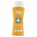 Flacon orange Liten's lait solaire aloe vera SPF20, bouchon blanc à clapet