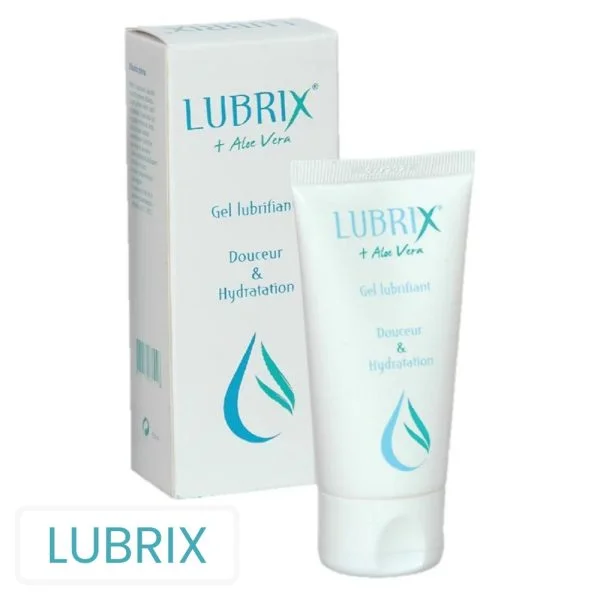 Tube et boîte Lubrix gel lubrifiant aloe vera, packaging blanc et bleu