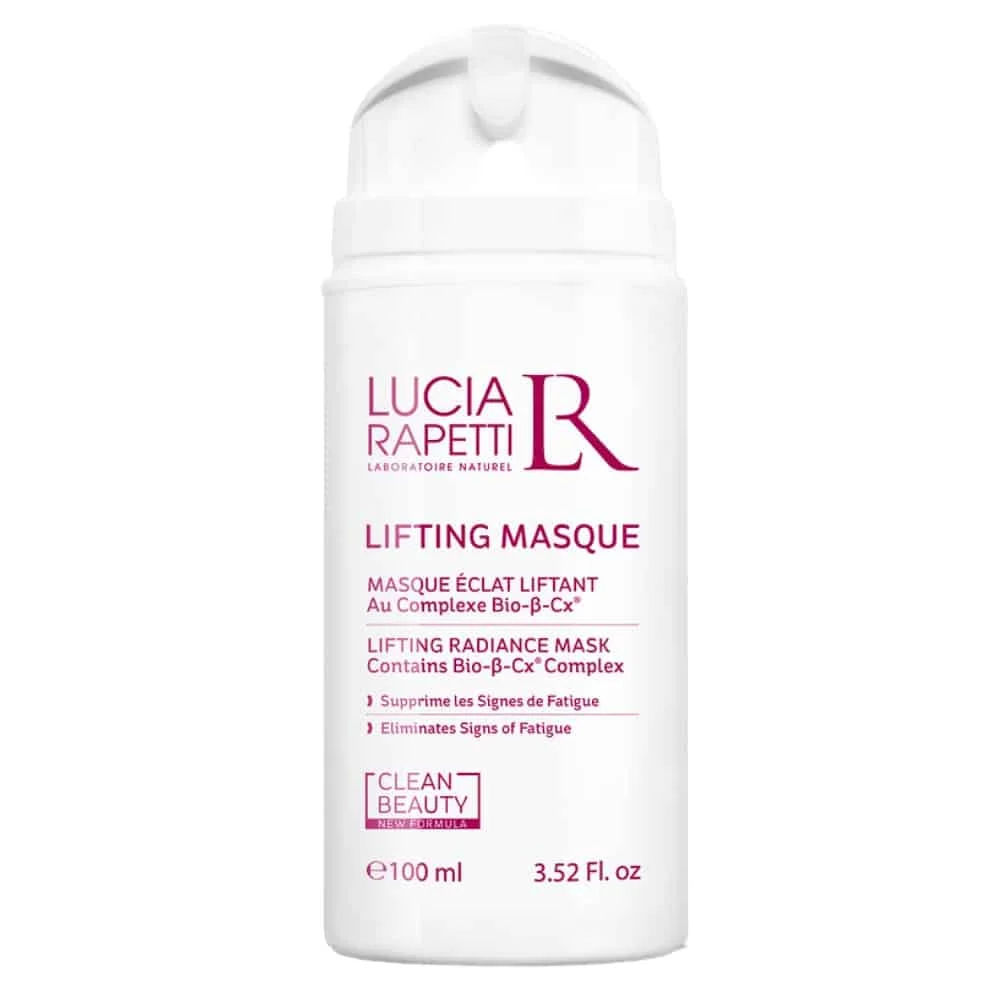 lucia-rapetti-masque-eclat-liftant-100ml.jpg Flacon pompe blanc Lucia Rapetti Masque Éclat Liftant, texte rose, 100ml