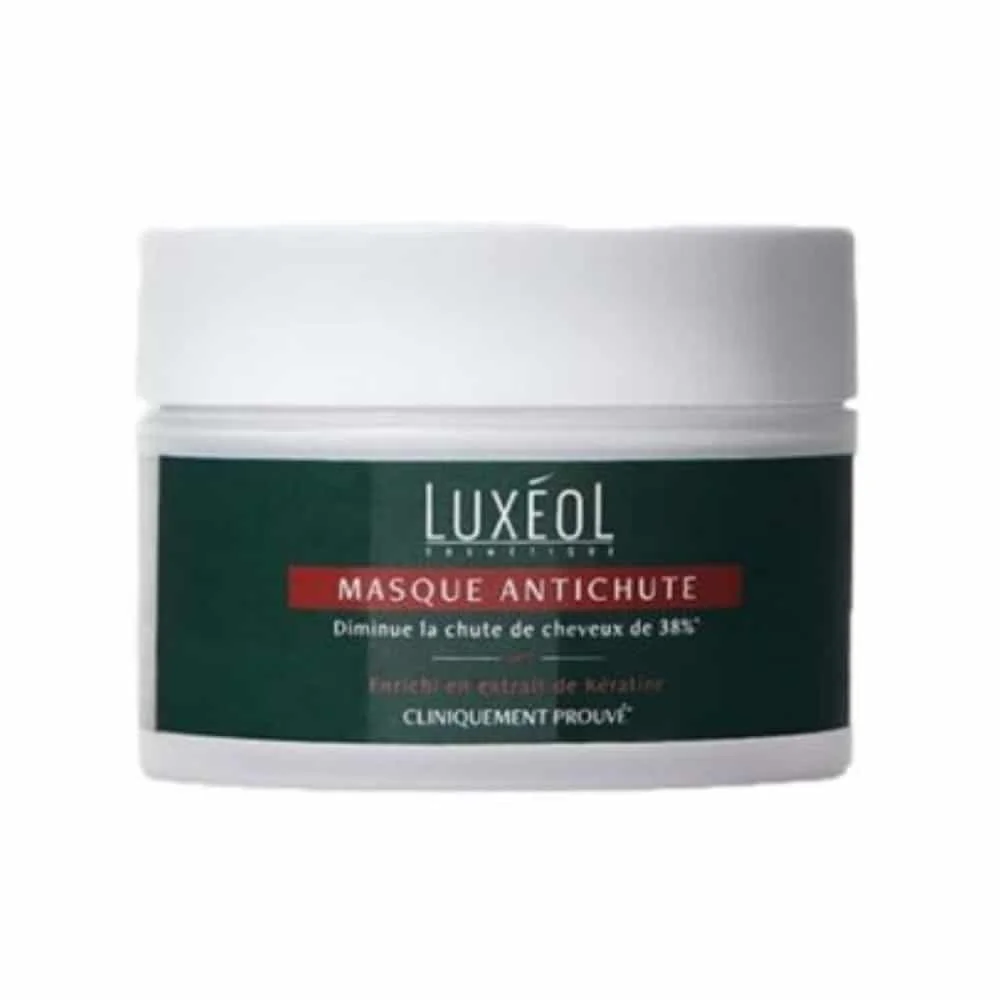 luxeol-anti-chute-masque-diminue-la-perte-200ml.jpg Pot blanc et vert Masque Antichute Luxéol, bandeau rouge, couvercle blanc
