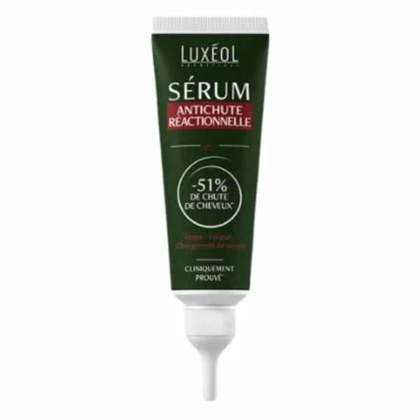 Tube vert foncé Sérum Antichute Réactionnelle Luxéol, bandeau rouge, embout blanc