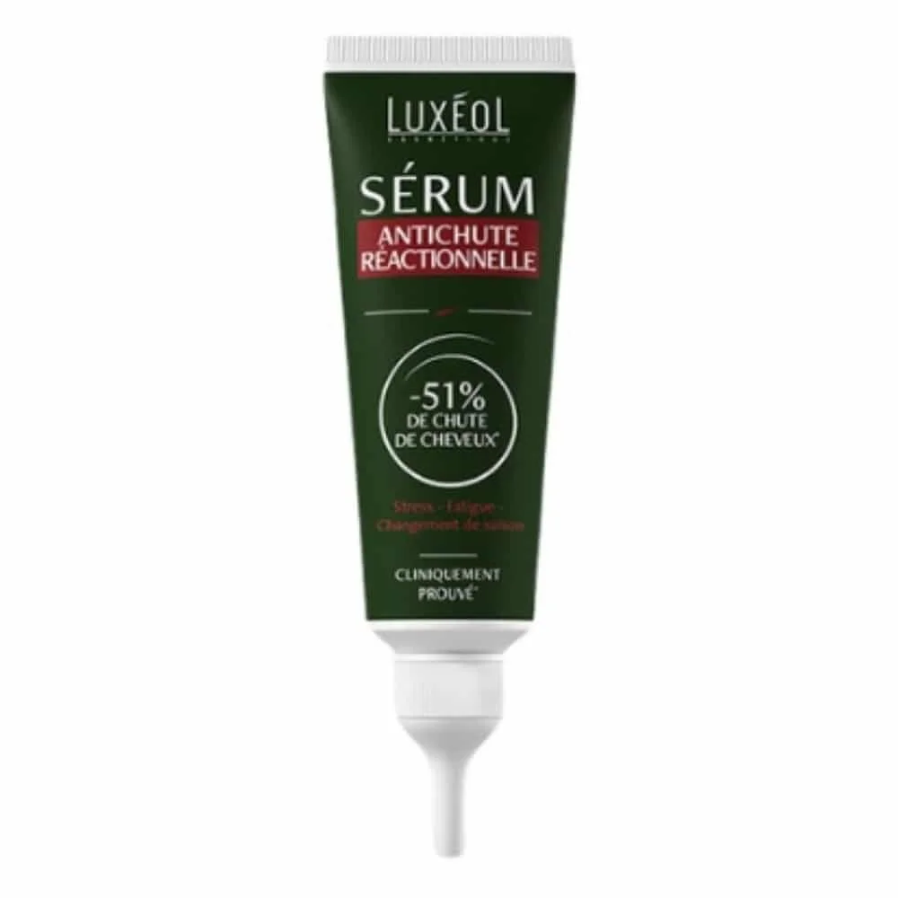 luxeol-anti-chute-serum-reactionnelle-51-de-chute-de-cheveux-50ml.jpg Tube vert foncé Sérum Antichute Réactionnelle Luxéol, bandeau rouge, embout blanc