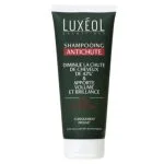 Tube vert foncé Shampooing Antichute Luxéol, bandeau rouge, bouchon blanc