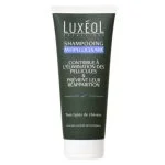 Tube vert foncé Shampooing Antipelliculaire Luxéol, bandeau bleu, bouchon blanc