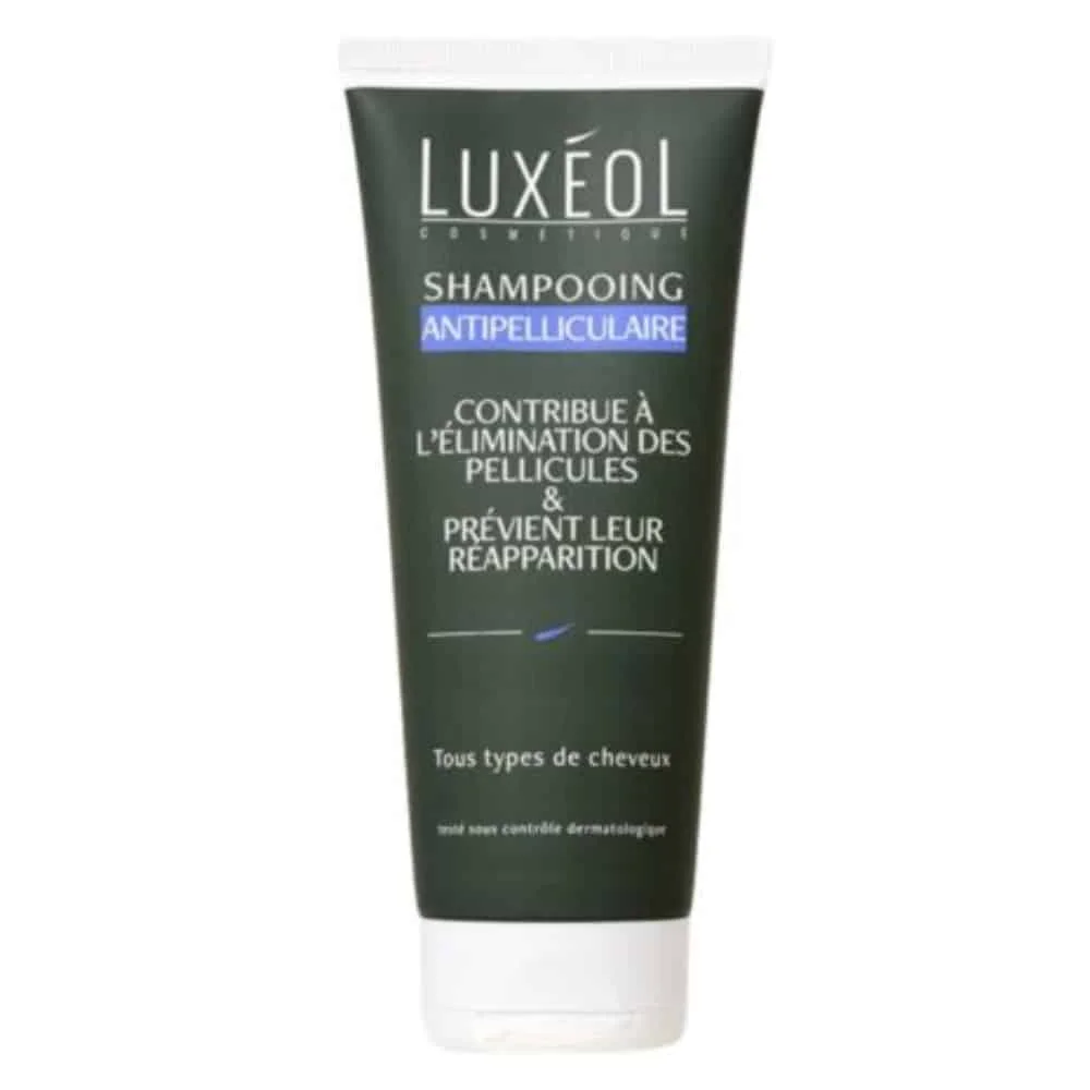 luxeol-anti-pelliculaire-shampoing-elimine-et-previent-200ml.jpg Tube vert foncé Shampooing Antipelliculaire Luxéol, bandeau bleu, bouchon blanc