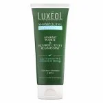 Tube vert Shampooing Cheveux Gras Luxéol, bandeau bleu clair, bouchon blanc