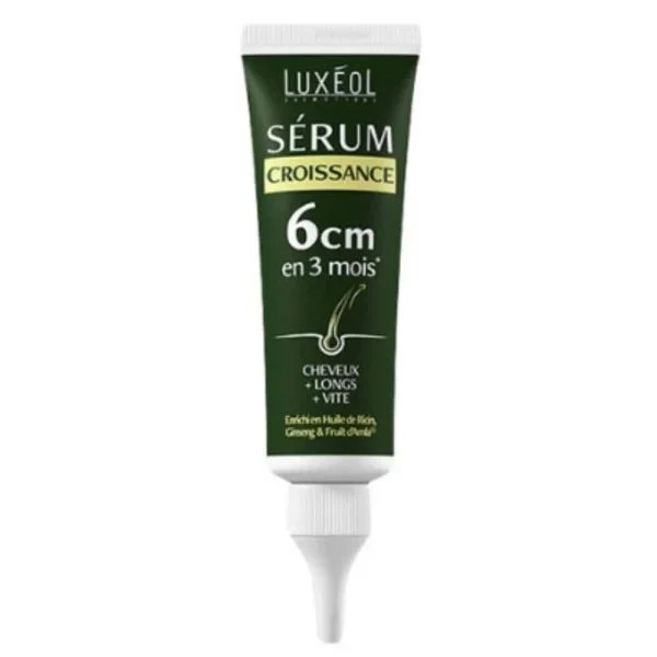 Tube vert foncé Sérum Croissance Luxéol, bandeau jaune, embout applicateur blanc