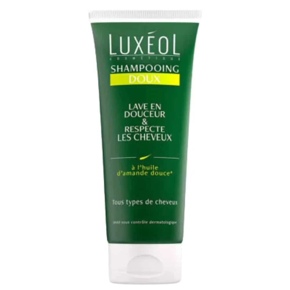 luxeol-doux-shampoing-doux-et-respect-200ml.jpg Tube vert Shampooing Doux Luxéol, bandeau jaune, bouchon blanc