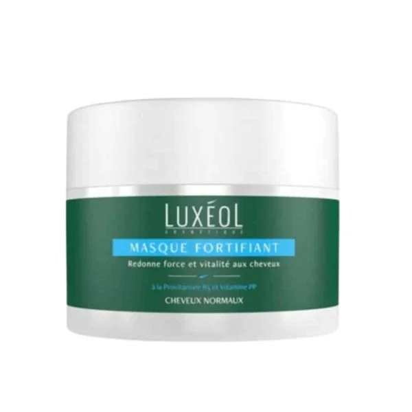 Pot vert Masque Fortifiant Luxéol, bandeau bleu clair, couvercle blanc