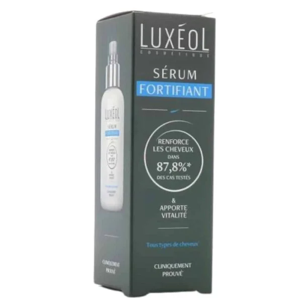 Étui gris Sérum Fortifiant Luxéol avec flacon spray blanc, mention 87,8%