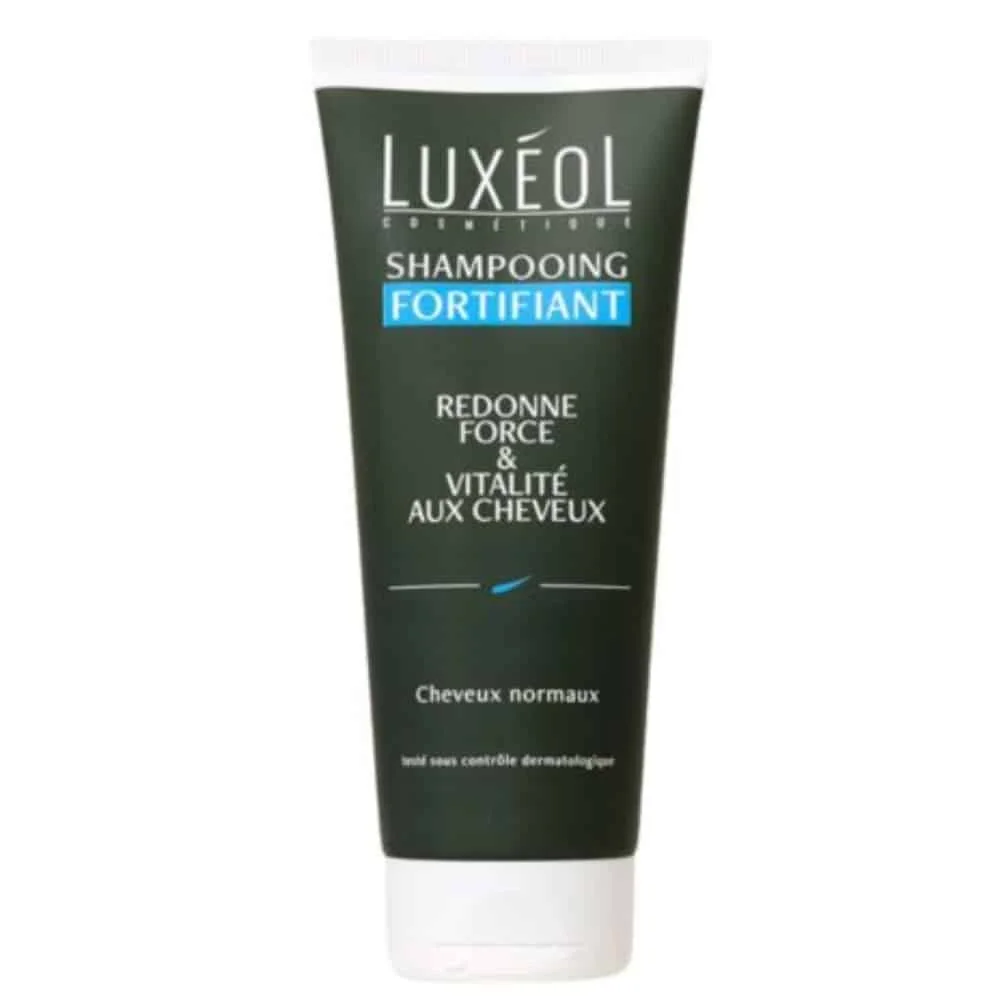 luxeol-fortifiant-shampoing-force-et-vitalite-200ml.jpg Tube vert foncé Shampooing Fortifiant Luxéol, bandeau bleu, bouchon blanc