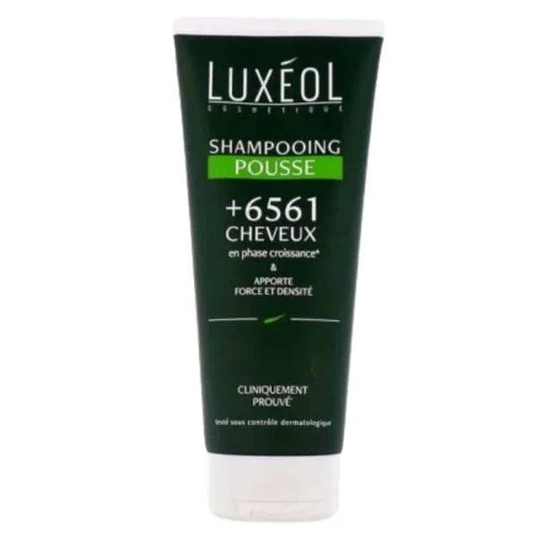 Tube vert foncé Luxéol Shampooing Pousse 200 ml sur fond blanc