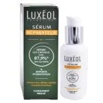 Étui vert et flacon pompe blanc Sérum Réparateur Luxéol, mention 87,9%