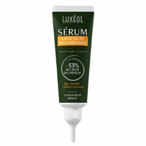 Tube vert foncé Sérum Antichute Progressive Luxéol avec embout applicateur blanc