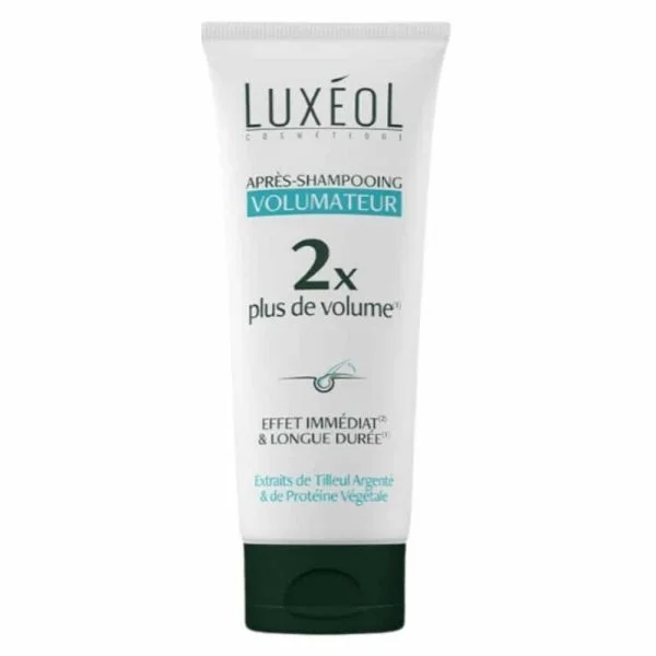 Tube blanc Luxéol après-shampooing volumateur 200 ml sur fond blanc