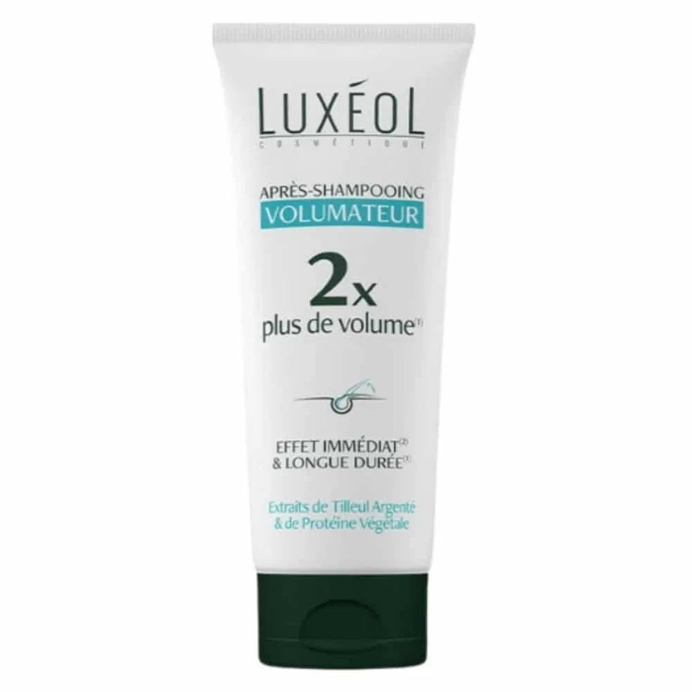 luxeol-volumateur-apres-shampoing-2x-plus-de-volume-200ml.jpg Tube blanc Luxéol après-shampooing volumateur 200 ml sur fond blanc