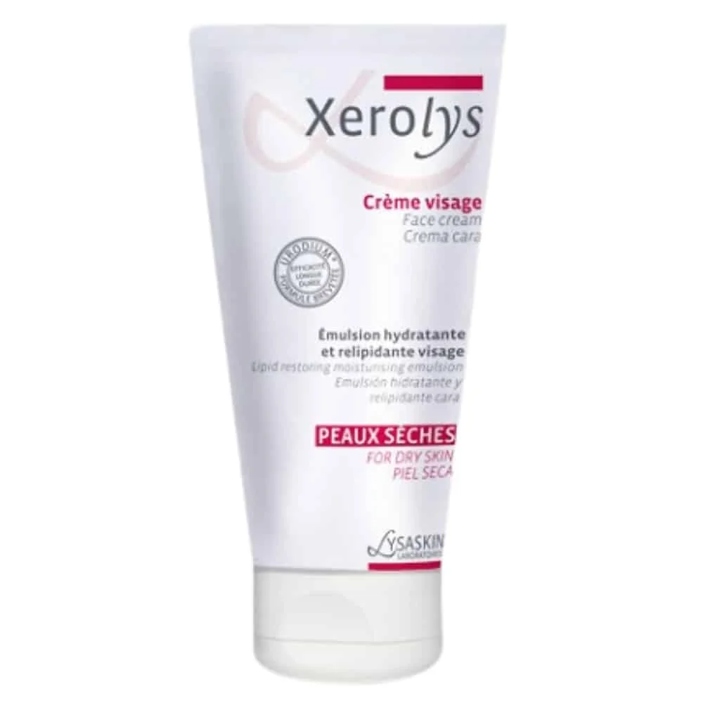 lysaskin-xerolys-creme-visage-emulsion-hydratante-50ml.jpg Tube blanc Xerolys crème visage Lysaskin émulsion hydratante peaux sèches