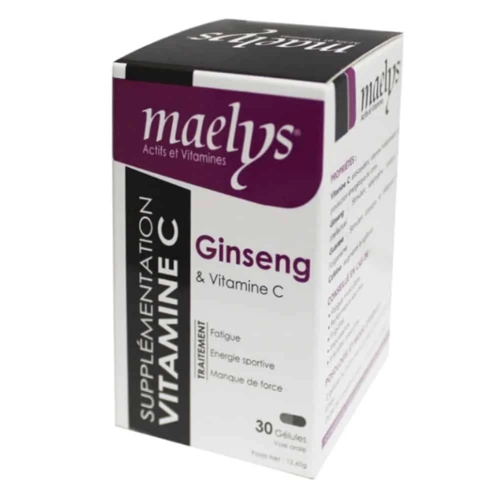 maelys-ginseng-et-vitamine-c-30-gelules.jpg Boîte blanche et violette Maelys Ginseng Vitamine C complément 30 gélules