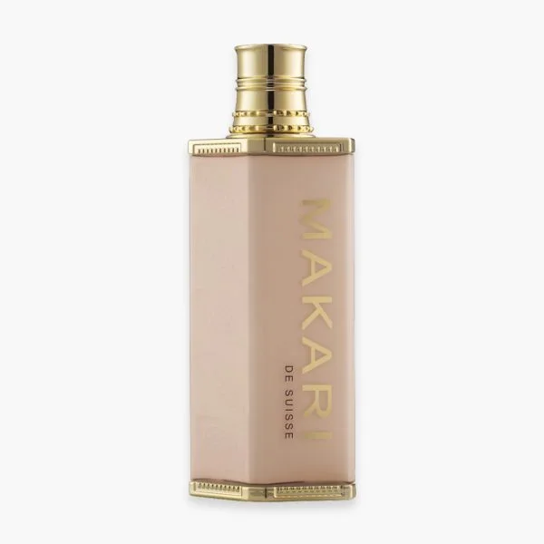 Flacon doré Makari De Suisse, lait de beauté éclaircissant pour le corps