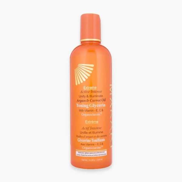Flacon orange Makari Extrême Argan et Carrot Oil, glycérine tonifiante pour le corps 500ml