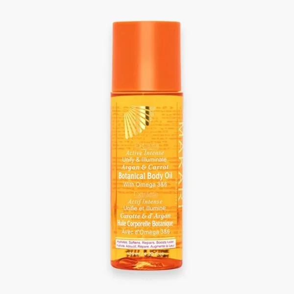 Flacon orange translucide Makari Extrême Argan et Carrot Oil, huile botanique corps