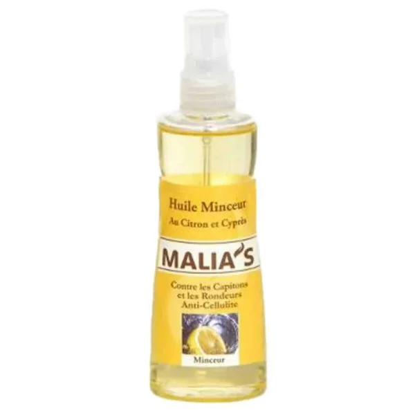 Flacon vaporisateur jaune Malia's, huile minceur au citron et cyprès