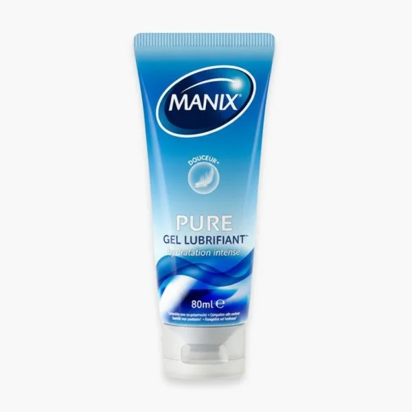 Tube bleu Manix Pure gel lubrifiant hydratation intense 80ml, fond blanc